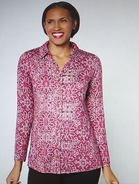 Susan Graver QVC Polyblend Knit Buttonfront Blouse w Flower Design. NWP